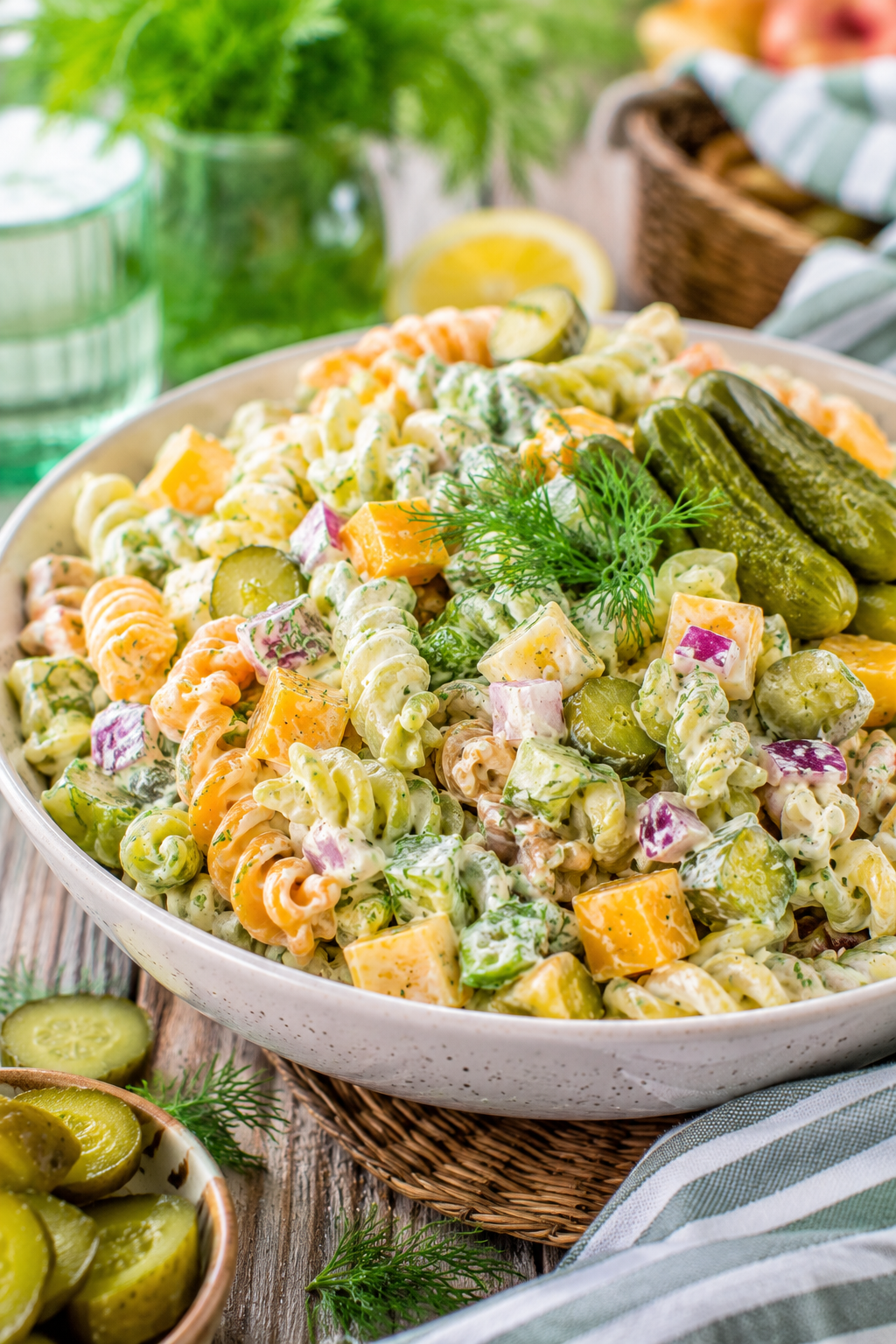 Create a highly realistic, mouthwatering Pinterest food photograph in a 2:3 vertical format featuring a large beautiful bowl of creamy dill pickle pasta salad. Show colorful rotini pasta coated in creamy dressing, plenty of chopped crunchy dill pickles, fresh green dill, diced red onion, and small cubes of cheddar cheese. Garnish with whole dill pickles and fresh dill. Place the bowl on a rustic summer table surrounded by pickle slices, fresh herbs, and simple picnic elements. Bright natural window lighting, appetizing realistic textures, professional food photography, shallow depth of field, elegant summer styling, no text, no watermark.
