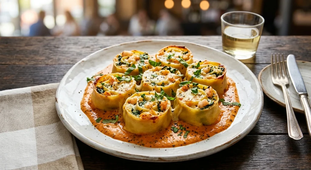 Shrimp and Spinach Stuffed Pasta Rolls with Roasted Red Pepper Cream Easy and Delicious Pasta Ideas for Any Night