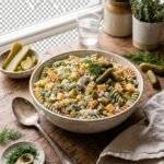 Create an irresistible close-up food photograph of a generous serving of creamy dill pickle pasta salad in an elegant bowl, showing spiral pasta, crunchy pickle pieces, fresh dill, red onion, and cheese. Include a serving spoon beside the bowl and a few fresh pickles in the background. Bright natural summer lighting, appetizing textures, professional Pinterest food photography, 23 vertical format, no text.