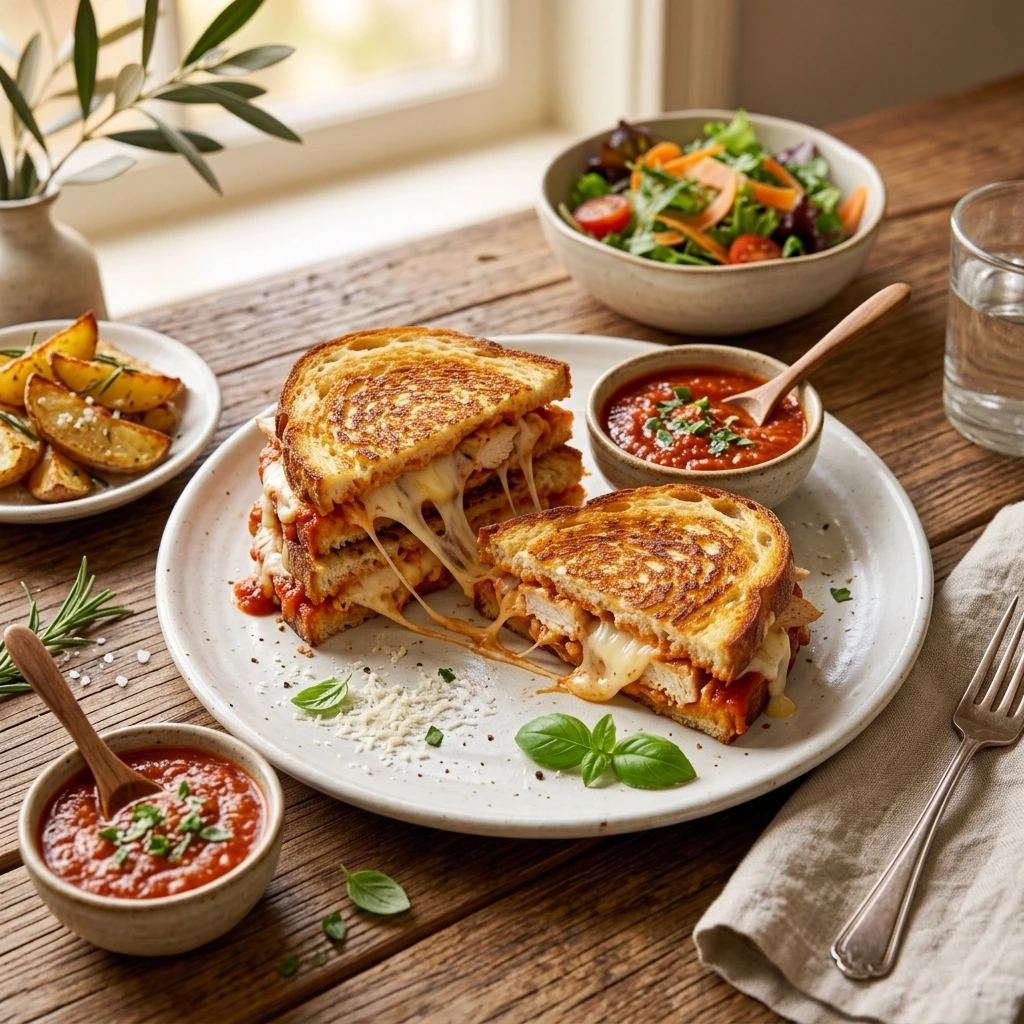 Create an elegant 4:4 square Pinterest-style food photograph featuring two golden Lazy Chicken Parmesan Grilled Cheese sandwiches cut diagonally and arranged beautifully on a white ceramic plate. Show gooey melted mozzarella, juicy chicken, marinara sauce, and Parmesan inside. Add a small bowl of marinara for dipping, crispy potato wedges, fresh basil, and a simple side salad. Warm natural side lighting, rustic wooden table, cozy family dinner setting, highly realistic food textures, premium food-blog aesthetic, no people, no text, no watermark.