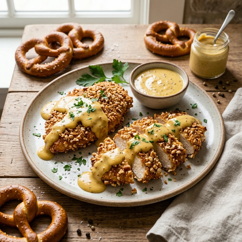 How to Make Pretzel Chicken with Mustard Cheddar Sauce