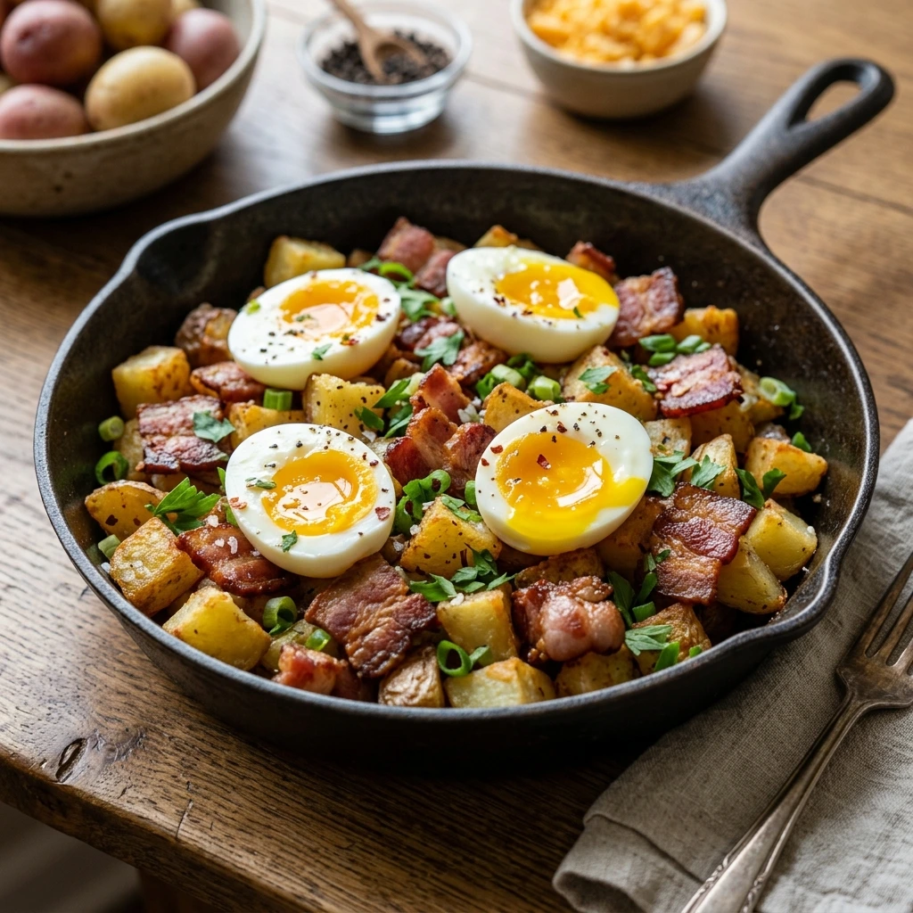 How to Make Crispy Potatoes with Jammy Eggs & Bacon