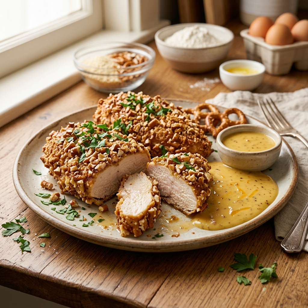 How to Make Pretzel Chicken with Mustard Cheddar Sauce