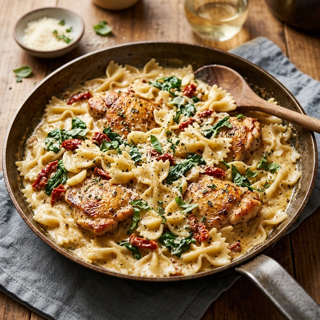 Create a highly realistic 4:4 square food photograph showing creamy Marry Me chicken bowtie pasta being finished in a large elegant skillet. Feature golden chicken pieces, bowtie pasta, glossy Parmesan cream sauce, chopped sun-dried tomatoes, garlic, wilted spinach, and fresh herbs. Emphasize the creamy sauce coating the folds of the pasta and the rich golden chicken. Warm restaurant-style lighting, realistic food textures, shallow depth of field, premium food photography, no people, no hands, no text, no watermark.