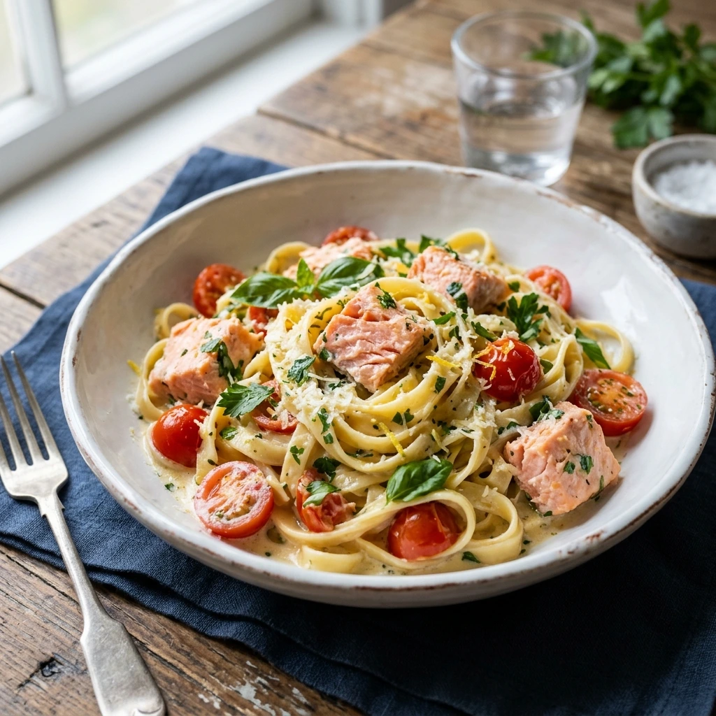 Easy Creamy Lemon and Fresh Tomato Salmon Pasta Recipe