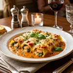 Shrimp and Spinach Stuffed Pasta Rolls with Roasted Red Pepper Cream: Easy and Delicious Pasta Ideas for Any Night