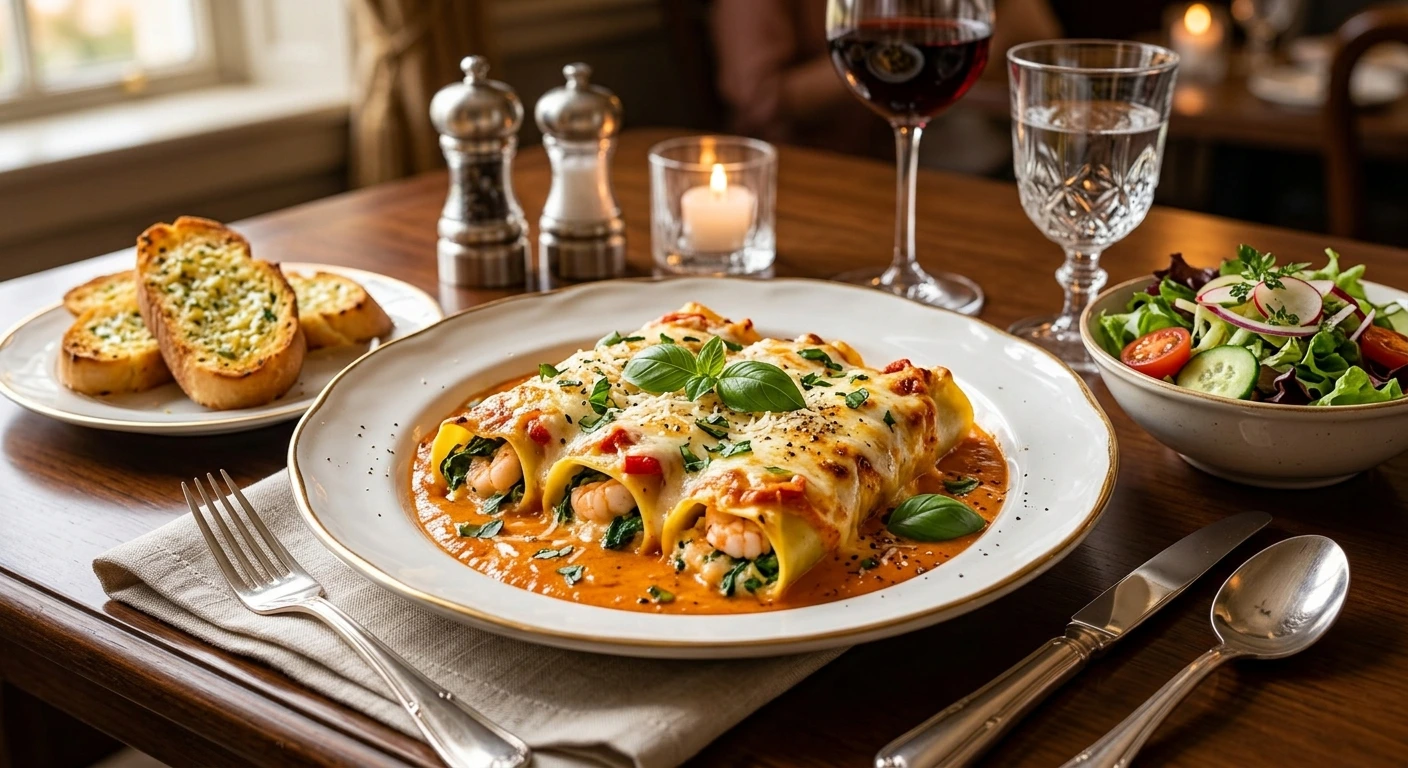 Shrimp and Spinach Stuffed Pasta Rolls with Roasted Red Pepper Cream: Easy and Delicious Pasta Ideas for Any Night