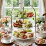 Create an ultra-realistic, elegant 4:4 square Pinterest food photograph featuring Easy Tea Sandwich Recipes for Elegant Gatherings. Show a luxurious tiered afternoon tea stand filled with an assortment of beautifully cut tea sandwiches: cucumber and cream cheese with dill, smoked salmon and cream cheese, classic egg salad, chicken salad with grapes, and ham with cheddar. Add delicate fresh herbs, cucumber ribbons, lemon slices, strawberries, and small elegant pastries around the display. Soft natural window lighting, refined afternoon tea atmosphere, sophisticated white and pastel tableware, highly detailed textures, premium food-blog and Pinterest aesthetic, no people, no hands, no watermark.